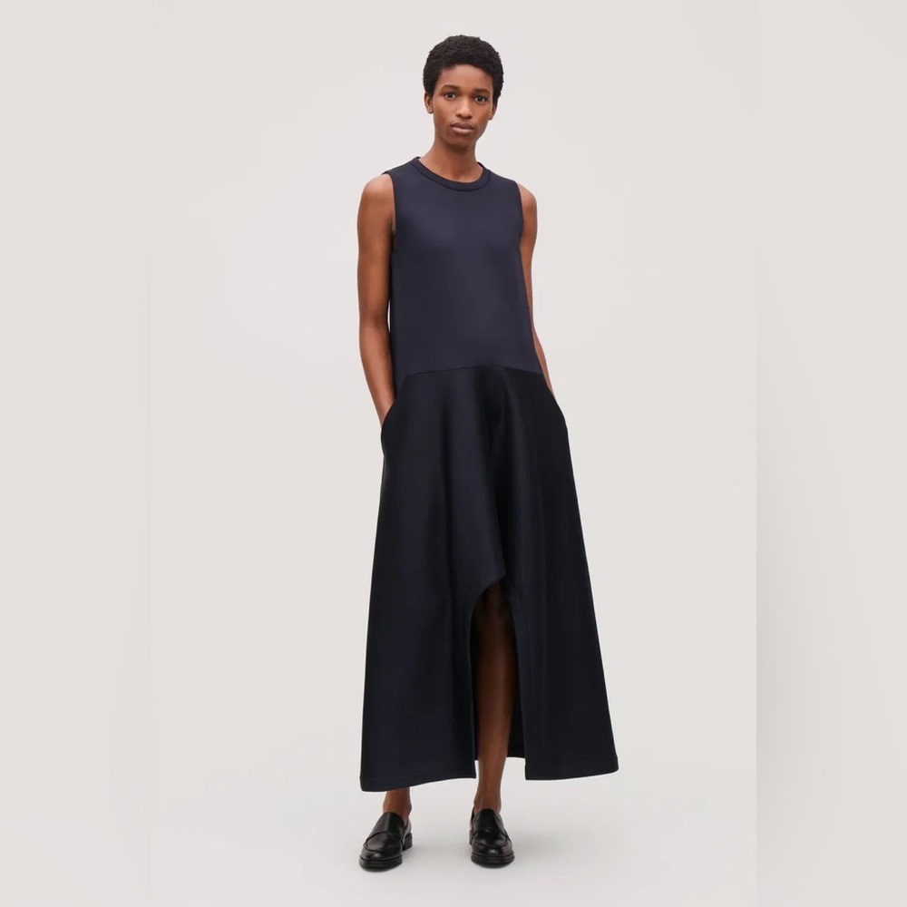 COS Navy Blue Scuba Dress with Irregular High Low Hem, Size M